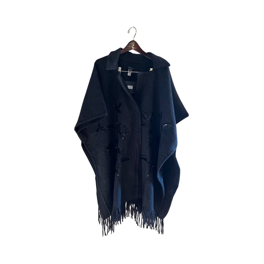 Marc New York Andrew Marc Charcoal Embroidered Poncho With Fringe Hem One Size